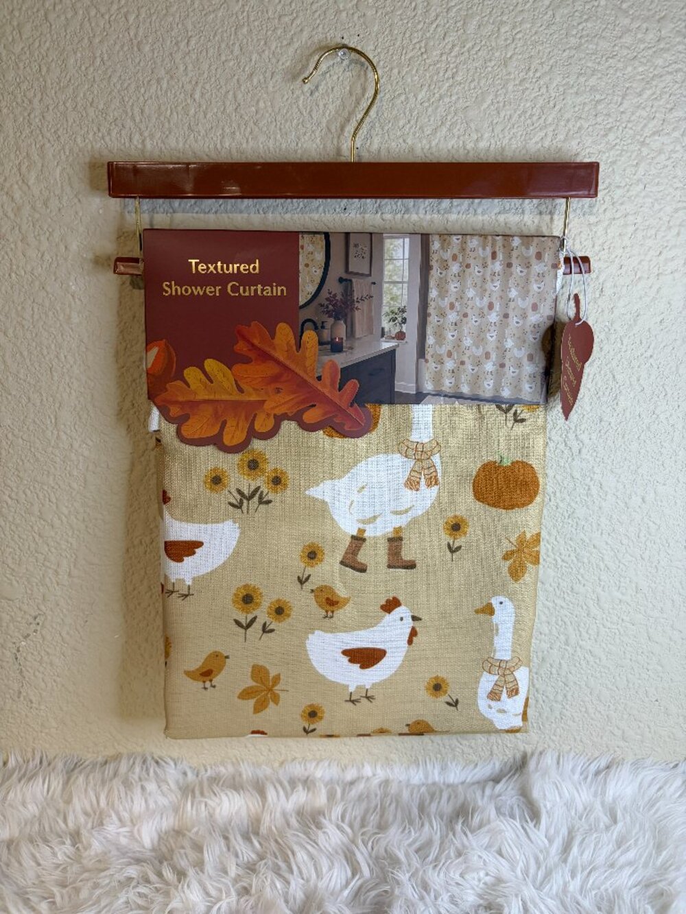 Fall Goose Chicken Pumpkin Sunflower Textured Shower Curtain 72x72 NWT